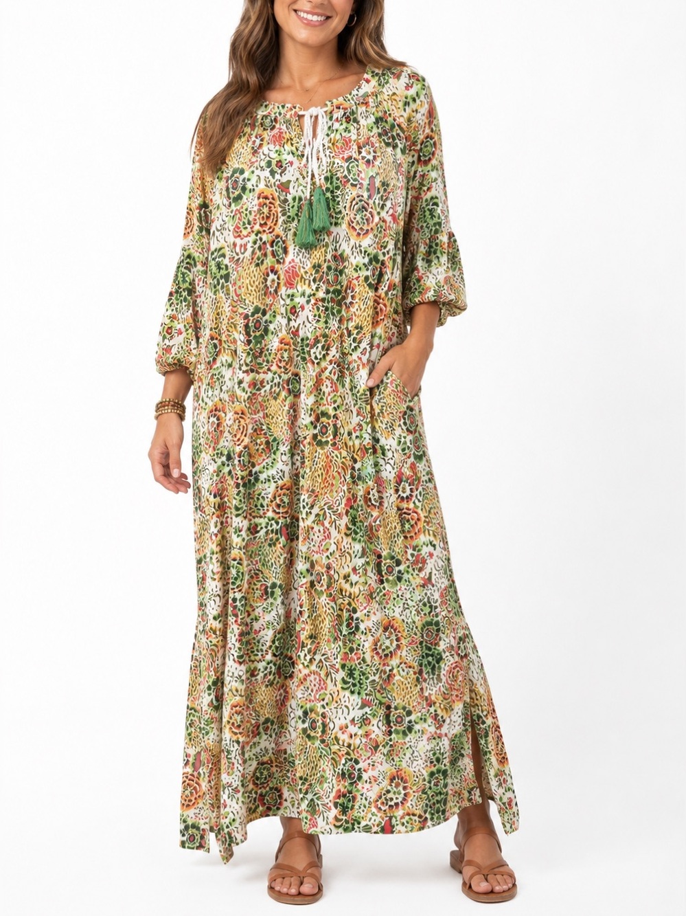 Raj Cream, Yellow, Green Relaxed Fit Flowy Cotton Boho Maxi Dress with pockets